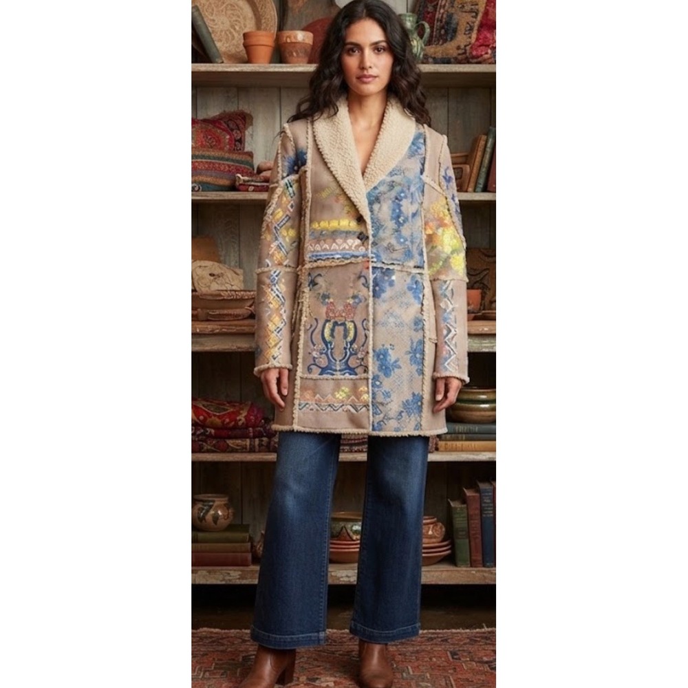 Johnny Was Steppa Sherpa Jacket Patchwork Coat Med Floral Shawl Collar Pockets